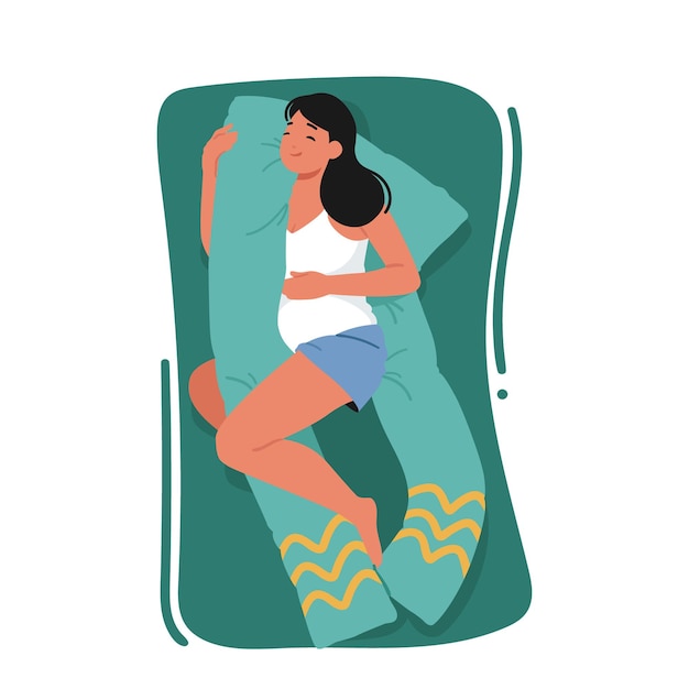 Vector mujer embarazada durmiendo con una almohada especialmente diseñada que se adapta a la forma del bulto del bebé para mayor comodidad