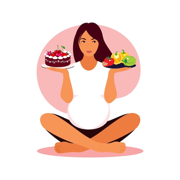 La mujer embarazada elige entre comida sana o comida rápida. Ilustración vectorial plana