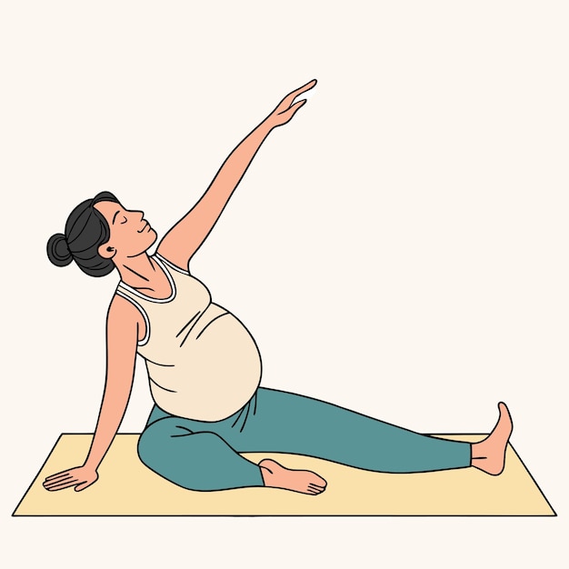Mujer embarazada estirándose en una alfombra de yoga con el brazo levantado ilustración vectorial