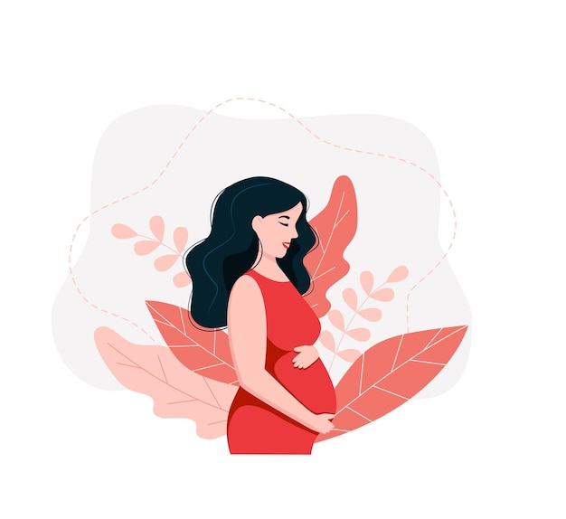 Mujer embarazada con fondo de naturaleza y hojas Ilustración de vector de concepto en estilo de dibujos animados