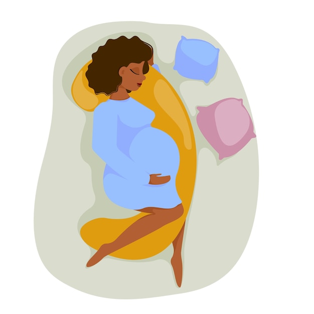 Vector mujer embarazada con gran barriga duerme en almohada de embarazo futura madre concepto de sueño saludable