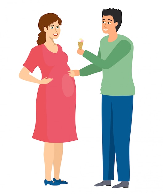 Mujer embarazada con hombre. Concepto de embarazo sobre fondo blanco. El esposo le da helado a la esposa embarazada. ilustración
