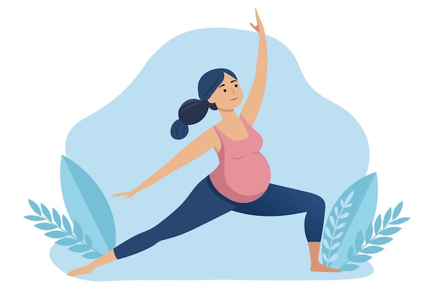 Mujer embarazada joven haciendo ejercicios deportivos estirando el cuerpo Ilustración plana vectorial