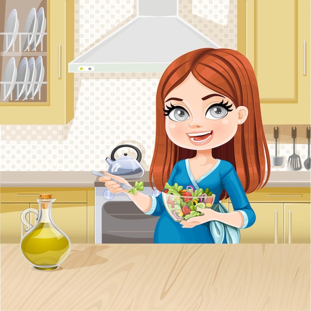 Mujer embarazada linda comiendo ensalada fresca en el interior beige de la cocina
