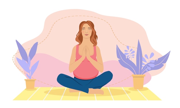 Mujer embarazada meditando en casa, ilustración para yoga prenatal, meditación, relajación