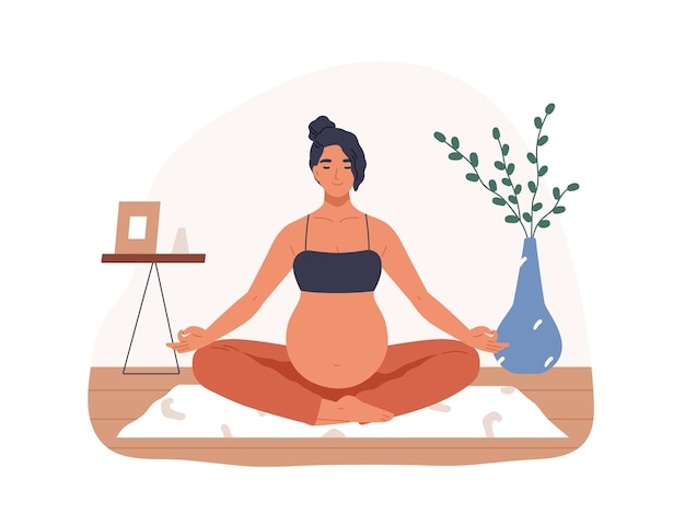 Mujer embarazada meditando, sentada en pose de yoga con las piernas cruzadas. Ejercicio de meditación relajante durante el embarazo. Tranquila madre con barriga en asana. Ilustración de vector plano aislado sobre fondo blanco