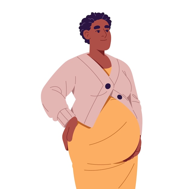 Mujer embarazada negra apoya el vientre sostiene la mano debajo del abdomen madre embarazada feliz ama a su futuro bebé embarazo moderno maternidad ilustración vectorial aislada plana sobre fondo blanco