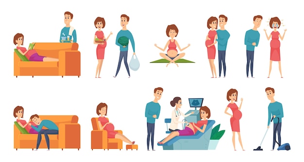 Mujer embarazada. Pareja de familia esperando bebé. Ilustración de vector de actividades diarias de esposa de marido. Familia pareja embarazada, período de embarazo