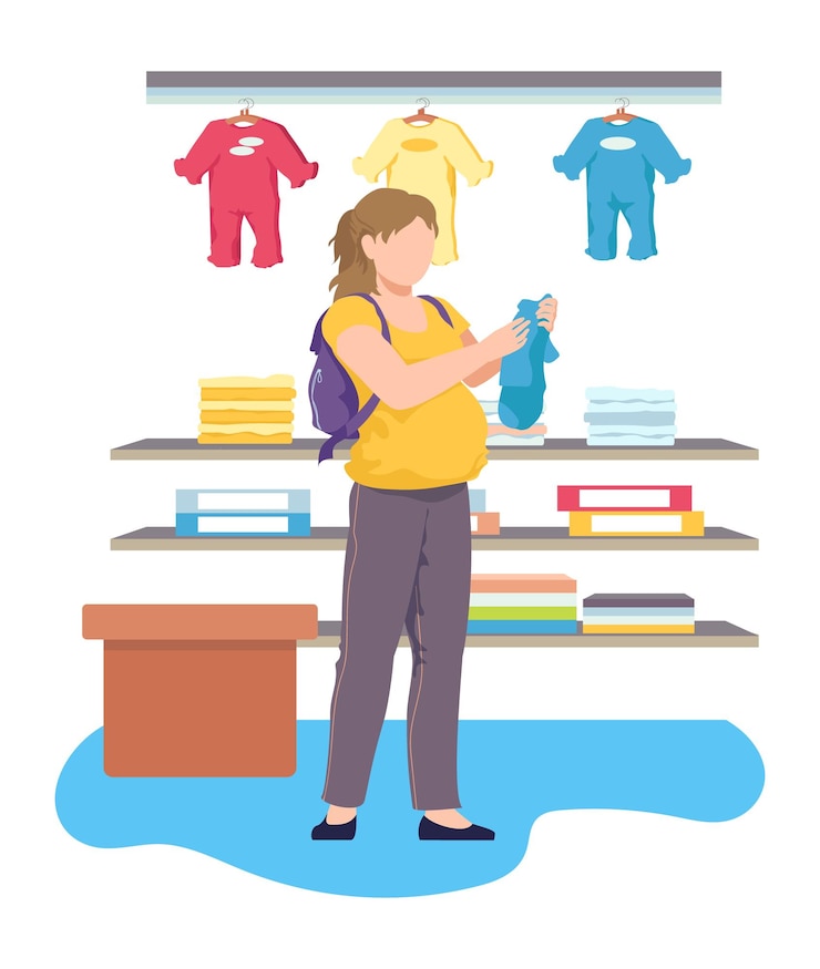 Vector mujer embarazada de pie tienda de ropa de recién nacidos mujer período de gestación tardía sostener traje de niño