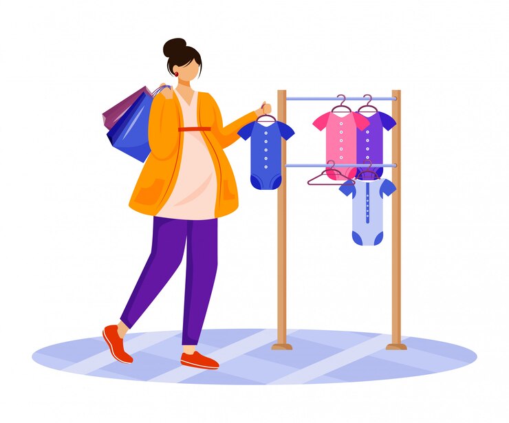Mujer embarazada que elige el cuerpo para la ilustración del bebé. Preparación a la maternidad. Señora caucásica en ropa casual en personaje de dibujos animados de compras prenatales sobre fondo blanco
