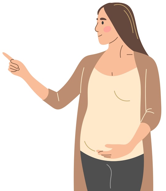 Una mujer embarazada señala hacia un lado.
