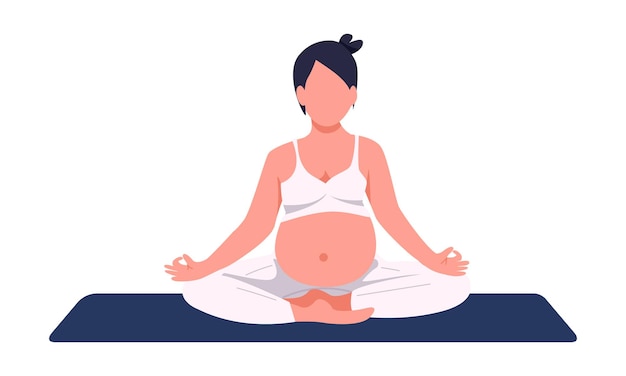 Mujer embarazada sentada en pose de yoga carácter vectorial de color semiplano Persona de cuerpo completo en blanco Ilustración de estilo de dibujos animados simple de embarazo saludable para diseño gráfico web y animación