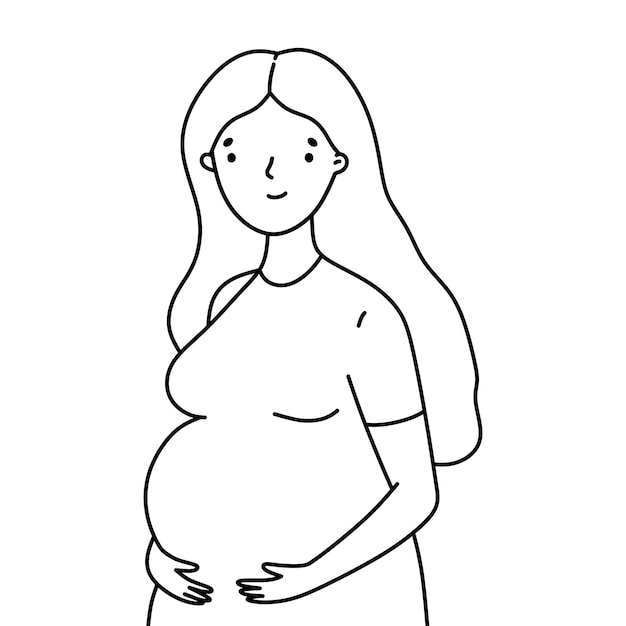 Mujer embarazada sonriente aislada en un fondo blanco ilustración dibujada a mano en estilo doodle