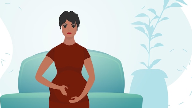 Una mujer embarazada sostiene su vientre con las manos Fondo natural con habitación Estilo de dibujos animados