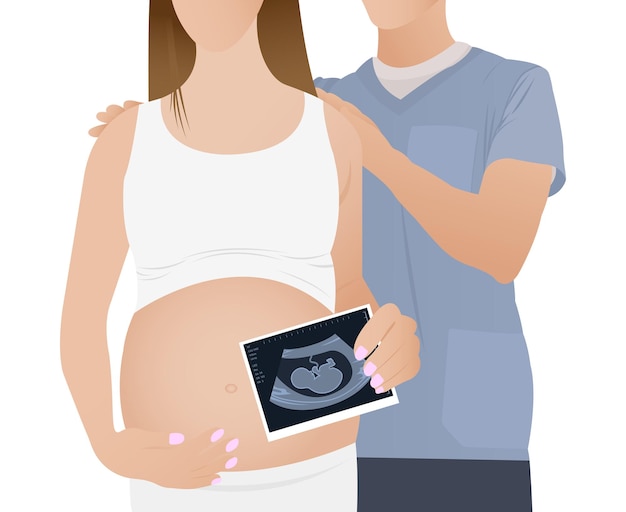 Mujer embarazada con ultrasonido de su bebé. Feliz futura madre sostiene la primera foto de su bebé por nacer