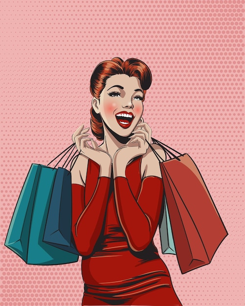 Una mujer emocionada que compra con una bolsa de compras en una ilustración de estilo retro.