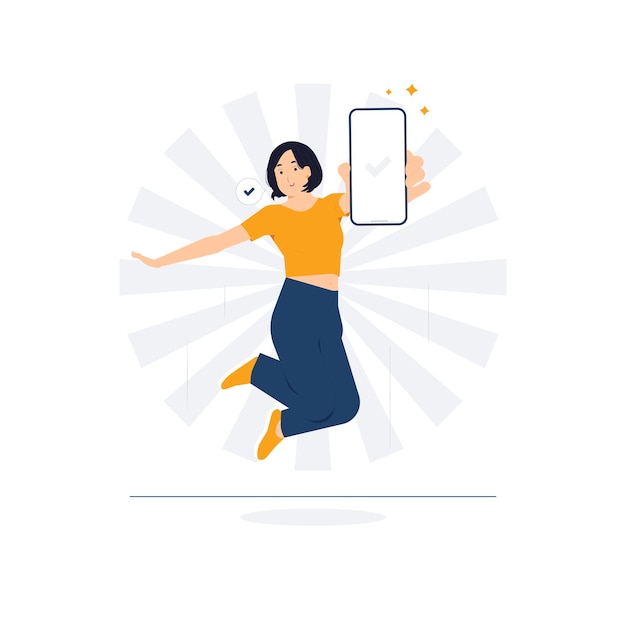 Mujer emocionada salta mostrando un teléfono móvil inteligente vacío en blanco con espacio de copia y apuntando con el dedo índice ilustración del concepto