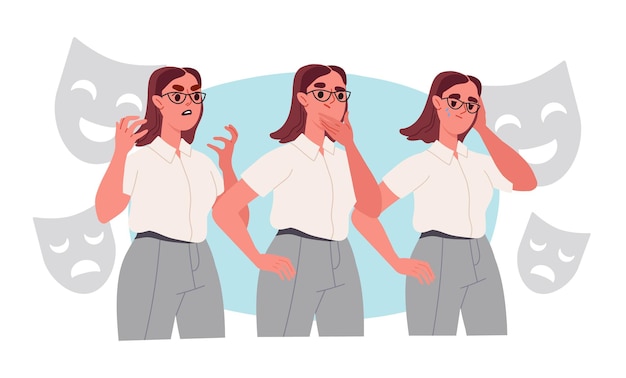 Una mujer emocional puso a chicas jóvenes con ropa informal con diferentes emociones, expresiones faciales y