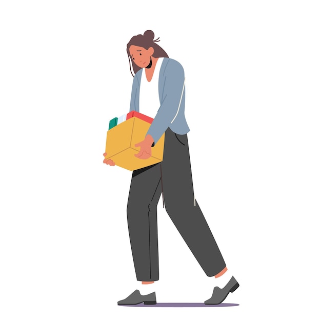 Mujer empleada despedida del trabajo Chica triste con caja caminando aislada sobre fondo blanco Gerente o empleado Despido de despido de la oficina Concepto de problema de desempleo Ilustración vectorial de dibujos animados