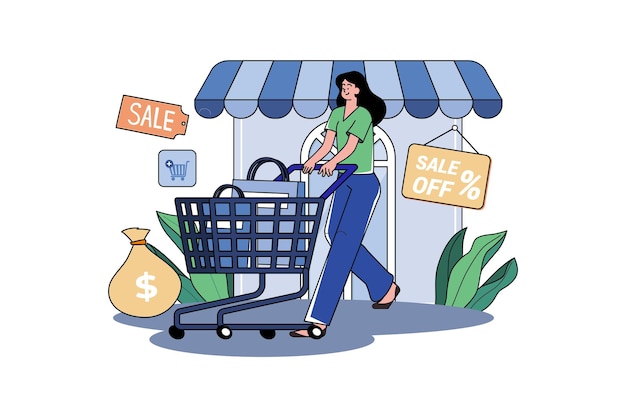 La mujer empuja el carrito de la compra fuera de la tienda.