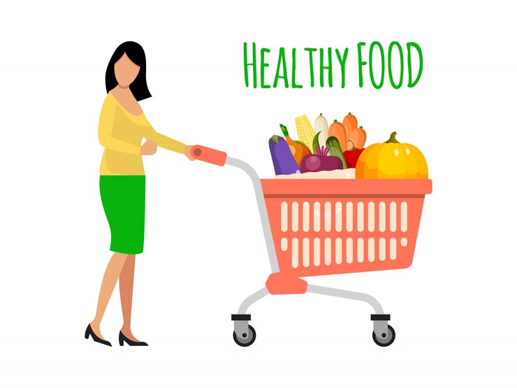 Vector mujer empujando un carrito lleno de frutas y verduras. chica con carrito de compras de alimentos saludables.