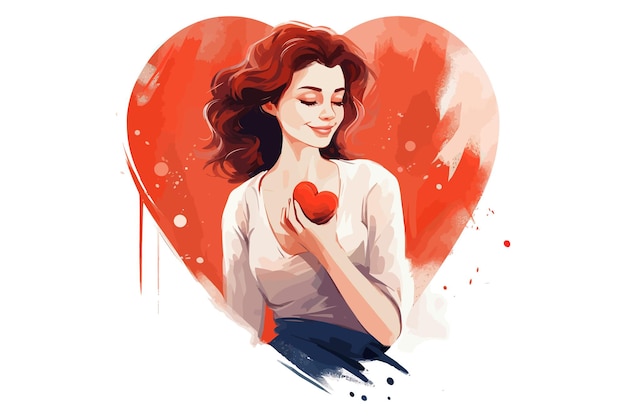 Mujer enamorada con amor corazón sentimiento pasión ilustraciones gráficas vectoriales planas aisladas sobre fondo blanco