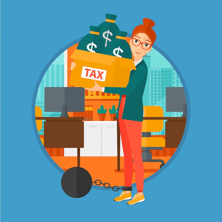 Vector mujer encadenada con bolsas llenas de impuestos.