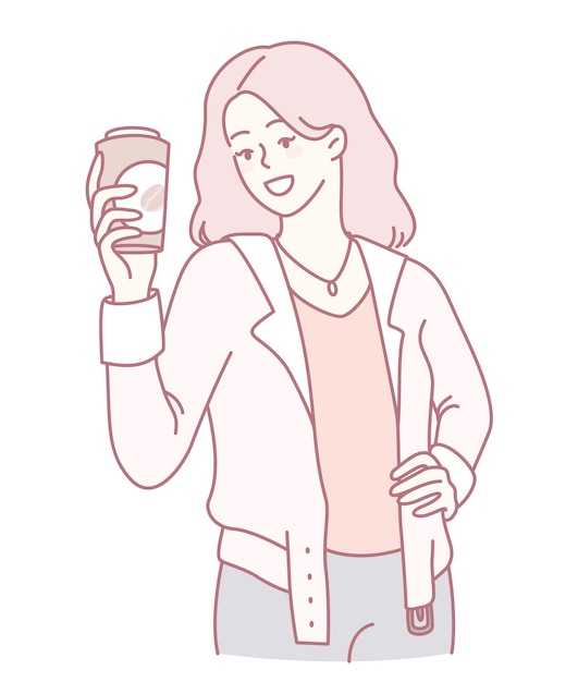 Una mujer encantadora y alegre disfrutando deliciosamente del café mientras está vestida con un traje casual