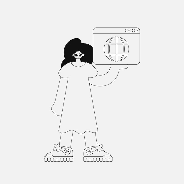 Mujer encantadora sostiene un navegador en sus manos personaje de estilo lineal