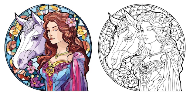 Mujer encantadora y unicornio Página para colorear con véctor de color plano de estilo vidriado de los años ochenta