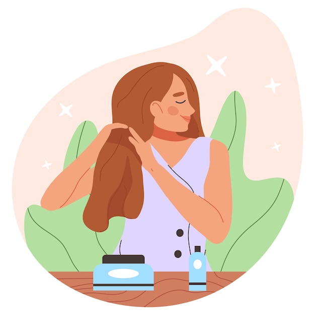 Vector la mujer se encarga de la rutina de belleza del cabello hermosa chica aplicando máscara para el cabello ilustración vectorial plana