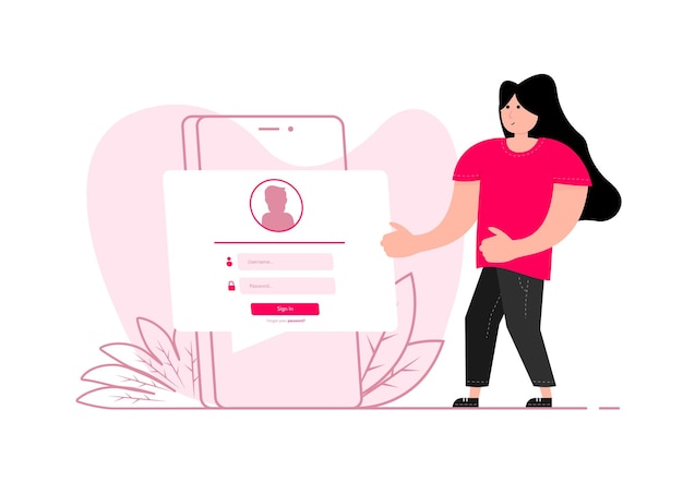 Una mujer se encuentra cerca del teléfono inteligente en la pantalla Página de inicio de sesión Perfil de usuario acceso al concepto de cuenta