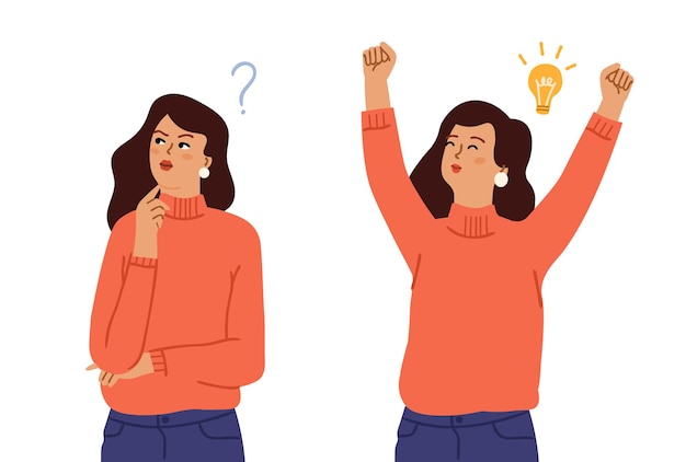 Mujer encuentra solución. Resolución de problemas, buena idea mujer. Concepto de preguntas y respuestas, proceso de pensamiento y carácter vectorial de niña feliz. Solución mujer, mujer pensar y responder, duda niña ilustración