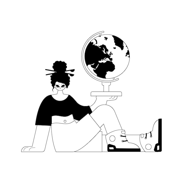 La mujer enérgica con el globo tema de aprendizaje artesanal de línea miserable y blanca estilo de moda ilustración vectorial