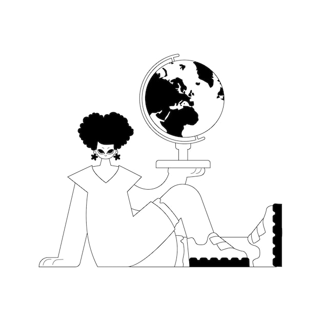 La mujer enérgica con el globo tema de aprendizaje artesanal de línea triste y blanca estilo de moda Ilustración vectorial
