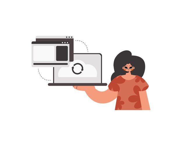 La mujer energizada está sosteniendo una tableta en la que los datos están siendo sincronizados Ilustración vectorial de estilo de moda aislado