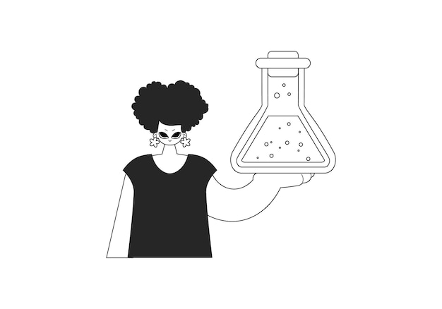 Mujer energizada con un golpe químico tema de aprendizaje artesanía de línea oscura y blanca estilo de moda Ilustración vectorial