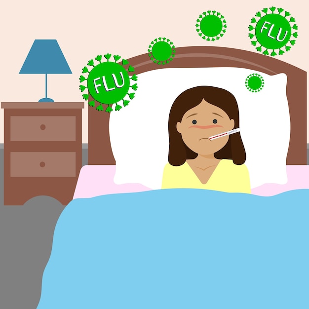 Mujer enferma acostada en la cama con signos de gripe - Ilustración vectorial plana