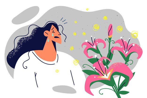 Mujer enferma llora por un ataque de alergia debido a flores con polen y olor acre