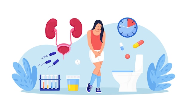 Mujer con enfermedad de la vejiga incontinencia Infecciones del tracto urinario Cistitis Personaje femenino que sufre dolor al orinar Tratamiento de uretritis Infección genital Nefrología Urología
