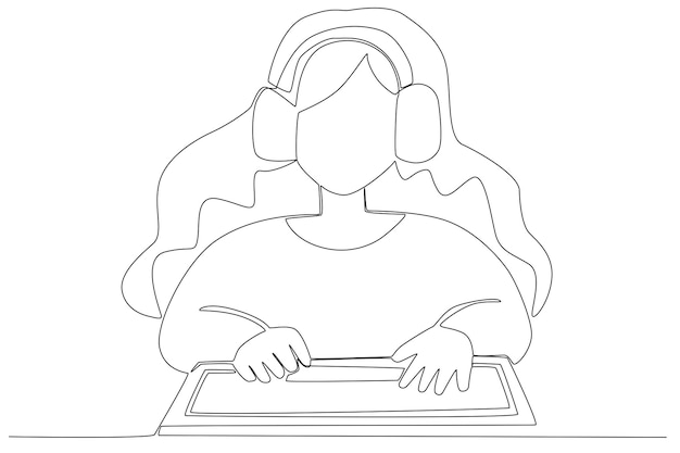 Una mujer enfocada en jugar juegos en la sala de juegos Dibujo en línea de juegos en línea