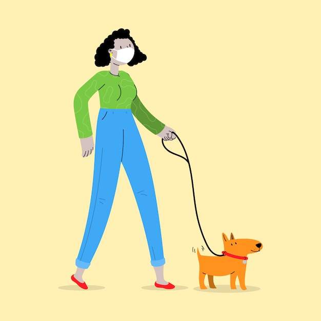 Mujer enmascarada paseando al perro