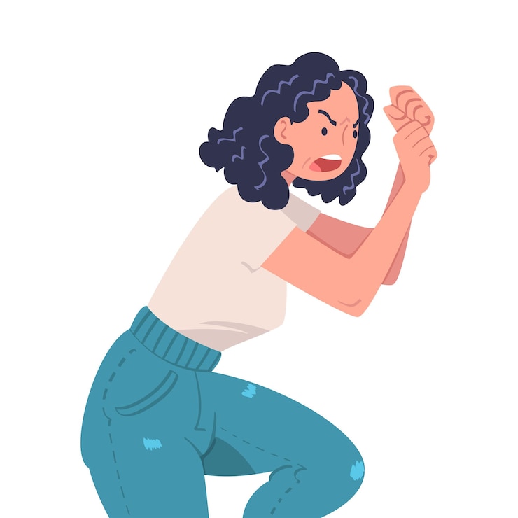 Vector mujer enojada con cara furiosa gritando y discutiendo teniendo conflicto con alguien ilustración vectorial