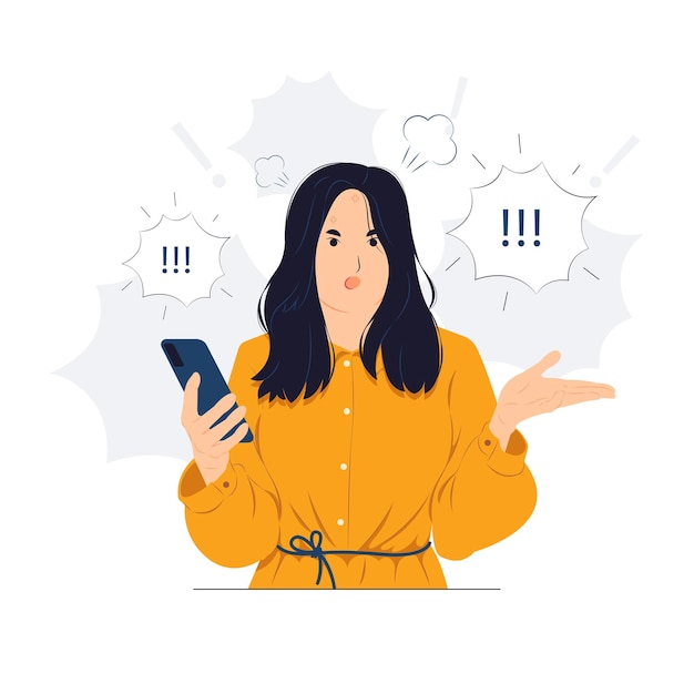 Mujer enojada con explosión cerebral estresada, conmocionada, cara sorpresa, enojada y frustrada. Miedo y malestar por la ilustración del concepto de error