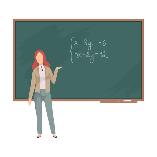 Mujer enseña álgebra en la ilustración vectorial de la pizarra