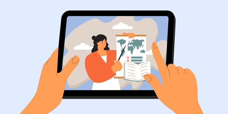 Vector mujer enseñando a alguien a través de la pantalla del teléfono comunicación videoconferencia de educación en internet servicios móviles en línea ilustración vectorial en estilo plano