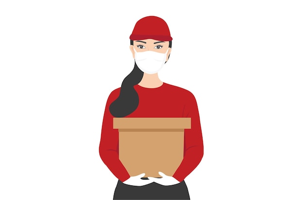 Mujer de entrega con máscara facial con caja de entrega a la ilustración de vector de cliente