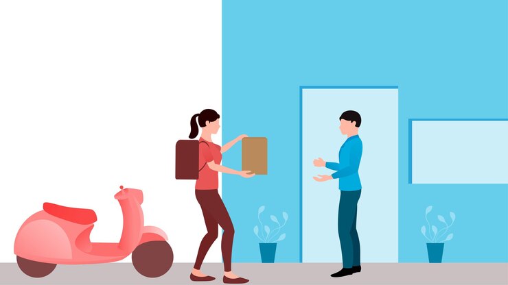 Vector mujer entregando paquete al cliente con ilustración de vector de negocio de entrega de scooter