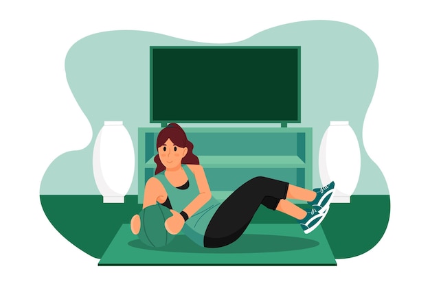 Mujer, entrenamiento, en casa, ilustración