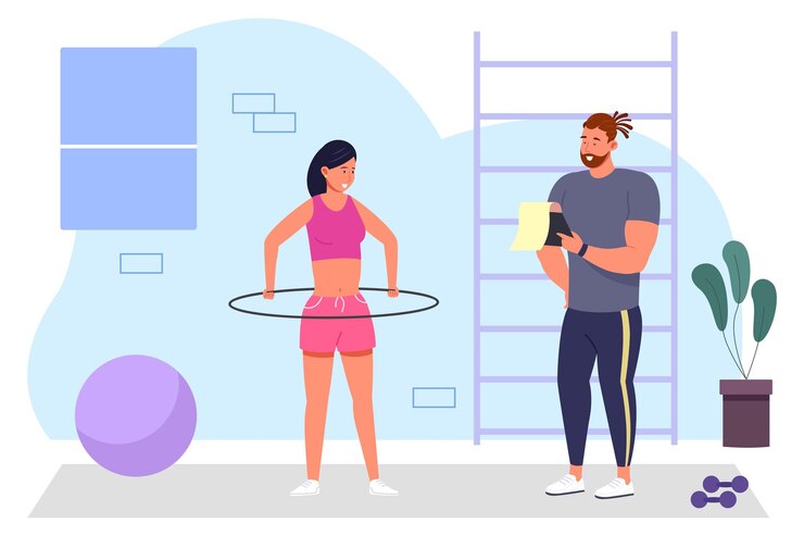 Vector mujer de entrenamiento de sofá en el gimnasio rutina de estilo de vida saludable